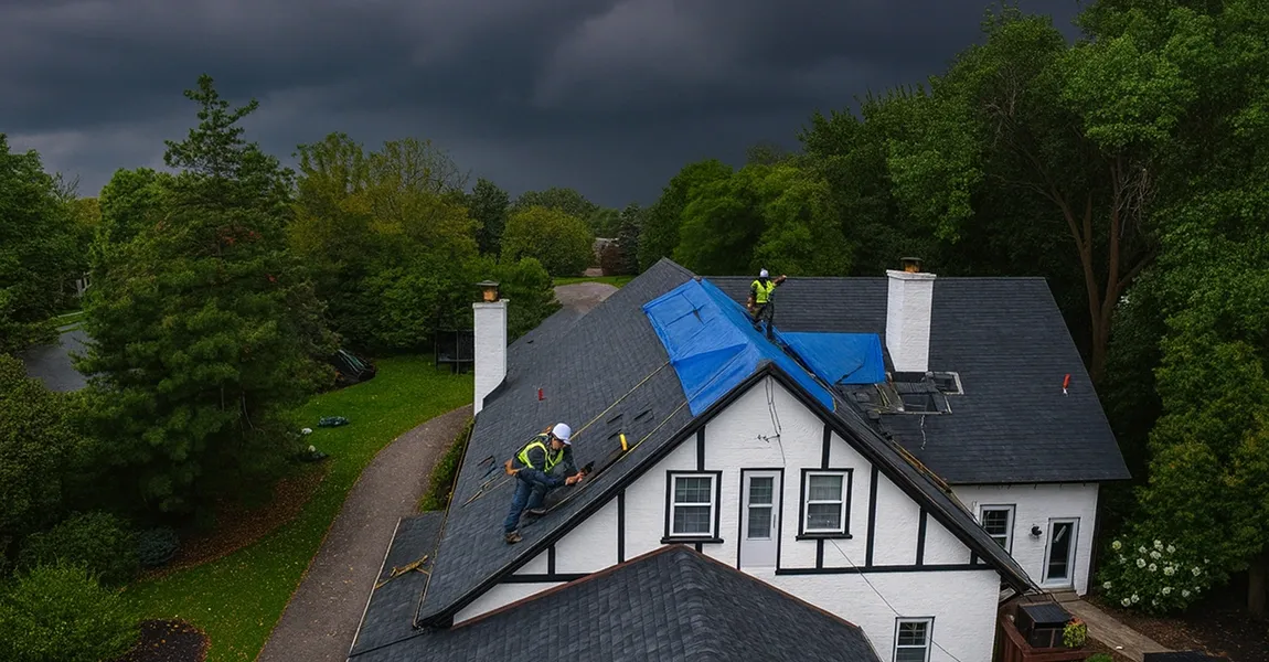 Close-up of curling shingles and watermarks showing signs your roof is failing