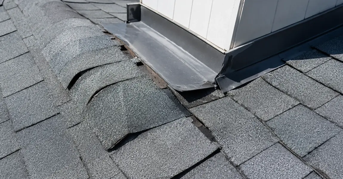 Home Spennato Family Roofing Shingle expansion and separation on a Levittown residential roof during summer heat inspection showing lifted edges and open seams at flashing transitions