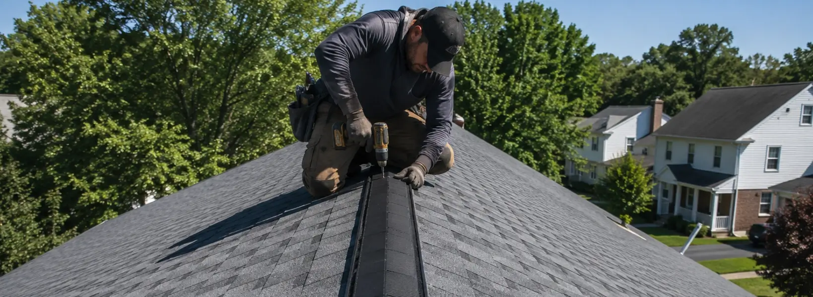 Home Spennato Family Roofing Ridge vent installation on a Southampton residential roof showing proper exhaust ventilation placement and shingle integration during a summer roofing project