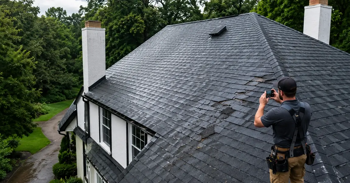 Home Spennato Family Roofing Roofer photographing lifted shingles from Philadelphia storm damage roof after a summer storm