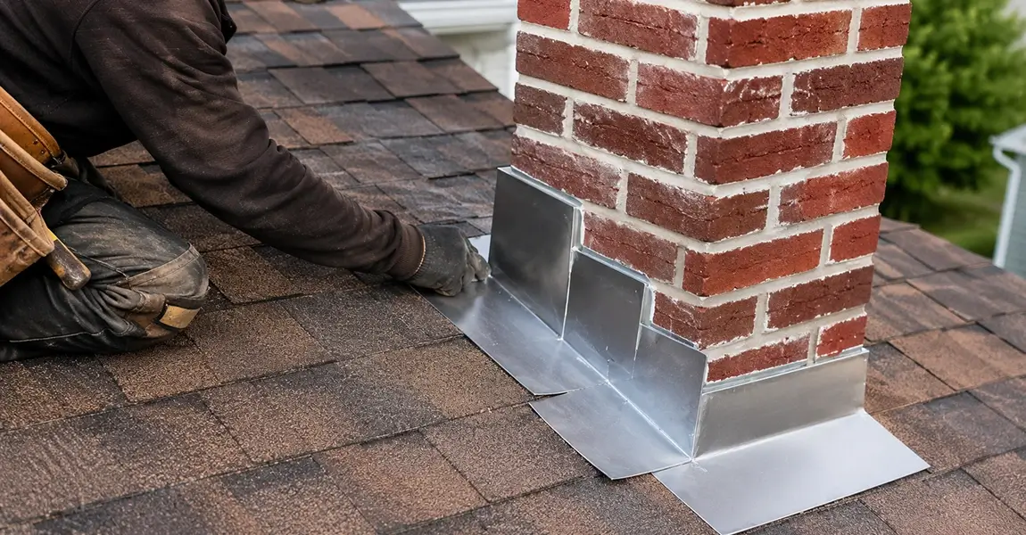 Home Spennato Family Roofing Close-up of chimney flashing during a Philadelphia roof flashing repair job