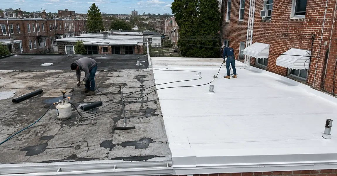 Home Spennato Family Roofing Before and after rowhome roof showing Philadelphia flat roof repair vs replacement work