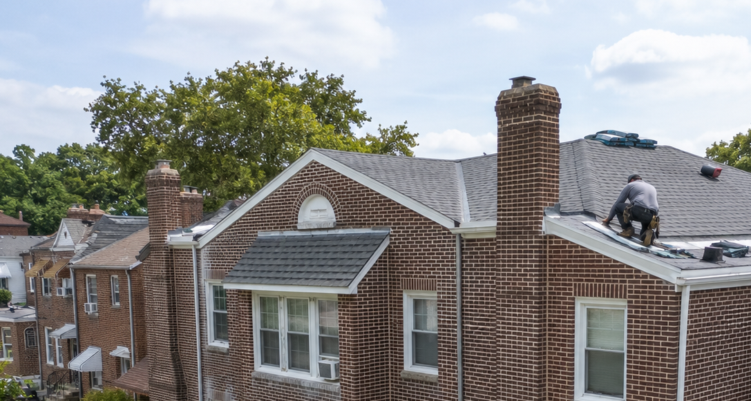 Blog Side-angle photo of an attached twin home showing the shared roofline during twin home roof repair in Upper Darby