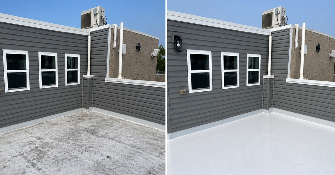 Home Spennato Family Roofing Before and after photo of flat roof coating in Philadelphia showing a chalky worn silver coat next to a freshly recoated section